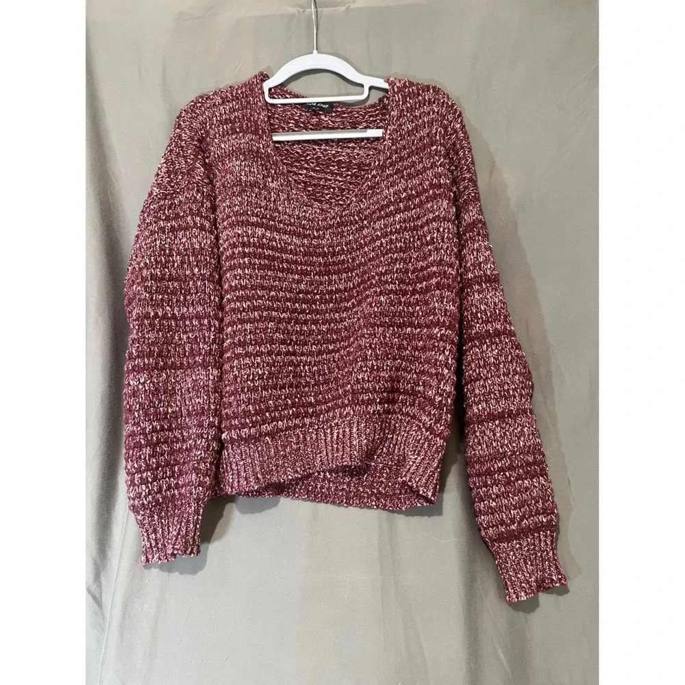 DEAR JOHN‎ Marled Knit V Neck Sweater Burgundy Beige Size Medium